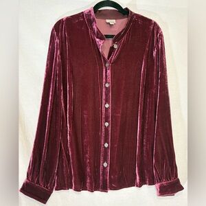 J. Jill Long Sleeve Velvet Silk Blend Button Up Collarless Blouse Women's Size L